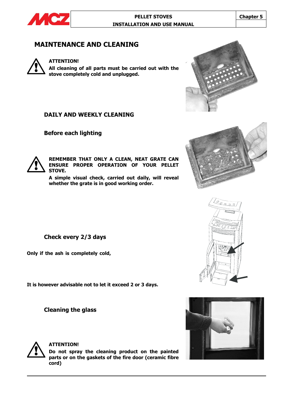 Maintenance and cleaning, Check every 2/3 days, Cleaning the glass | MCZ Athos MULTIAIR User Manual | Page 47 / 53
