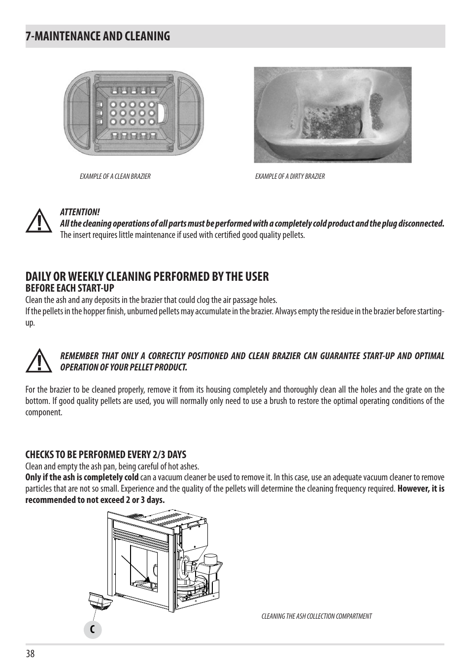 Maintenance and cleaning, Daily or weekly cleaning performed by the user | MCZ Boxtherm 60 Pellet User Manual | Page 40 / 52