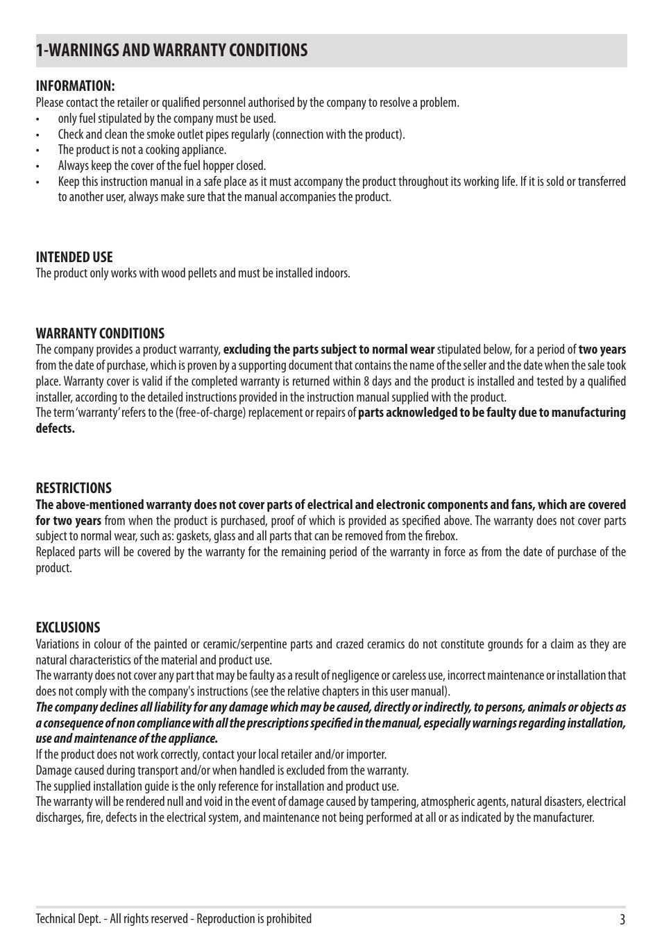 Warnings and warranty conditions | MCZ Boxtherm 60 Pellet User Manual | Page 5 / 52