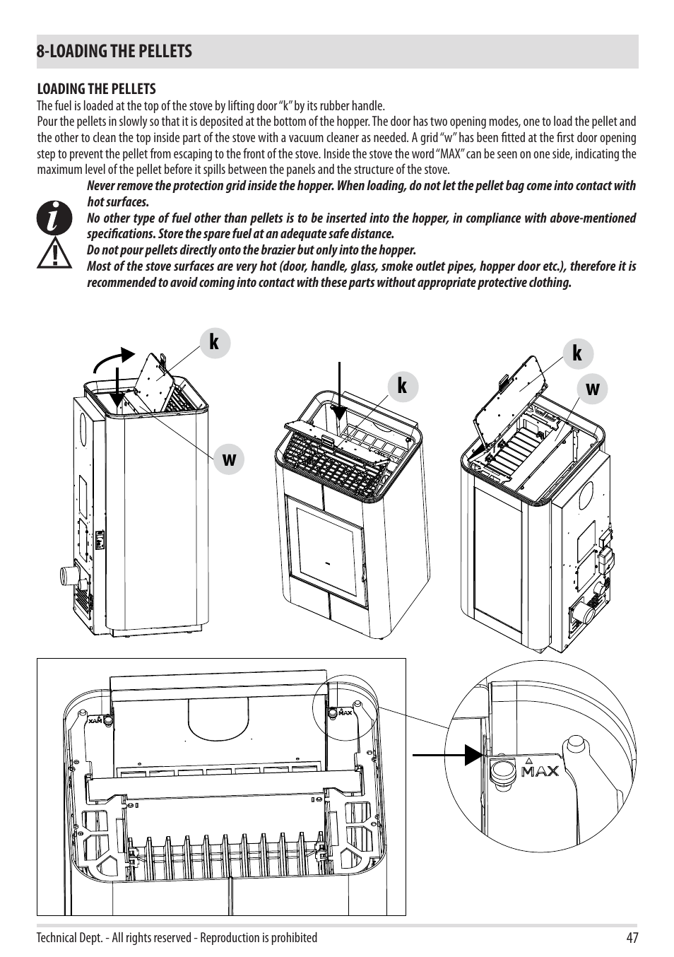 Wk k w k, Loading the pellets | MCZ Cap NATURAL User Manual | Page 49 / 76