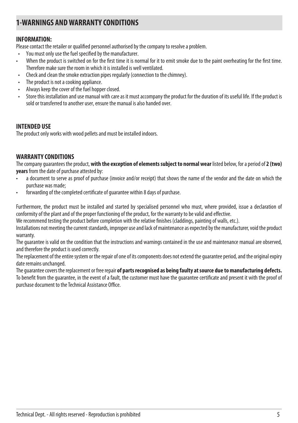 Warnings and warranty conditions | MCZ Cap NATURAL User Manual | Page 7 / 76