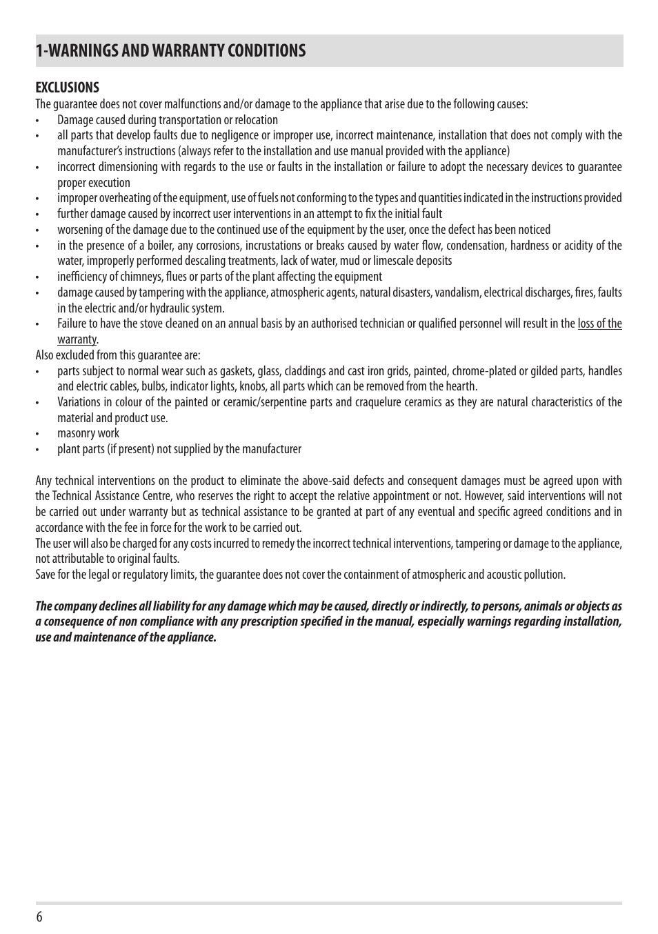 Warnings and warranty conditions | MCZ Club 2.0 AIR User Manual | Page 8 / 76