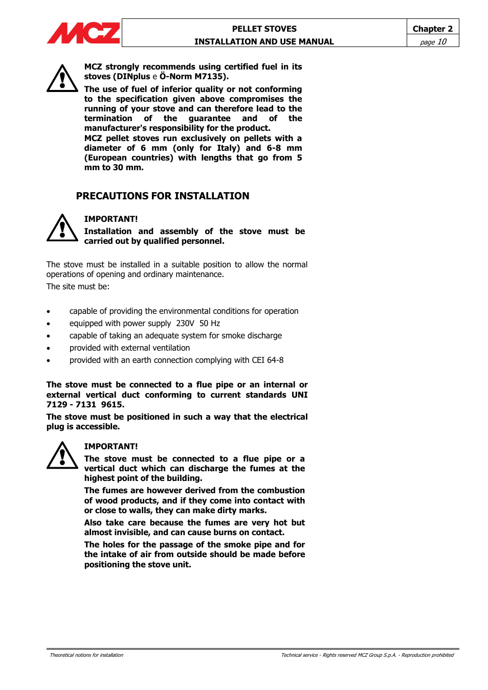 Precautions for installation | MCZ Club AIR User Manual | Page 10 / 68