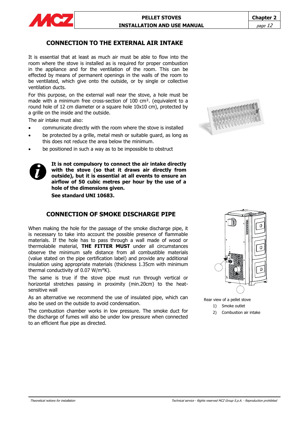 Connection to the external air intake, Connection of smoke discharge pipe | MCZ Club AIR User Manual | Page 12 / 68
