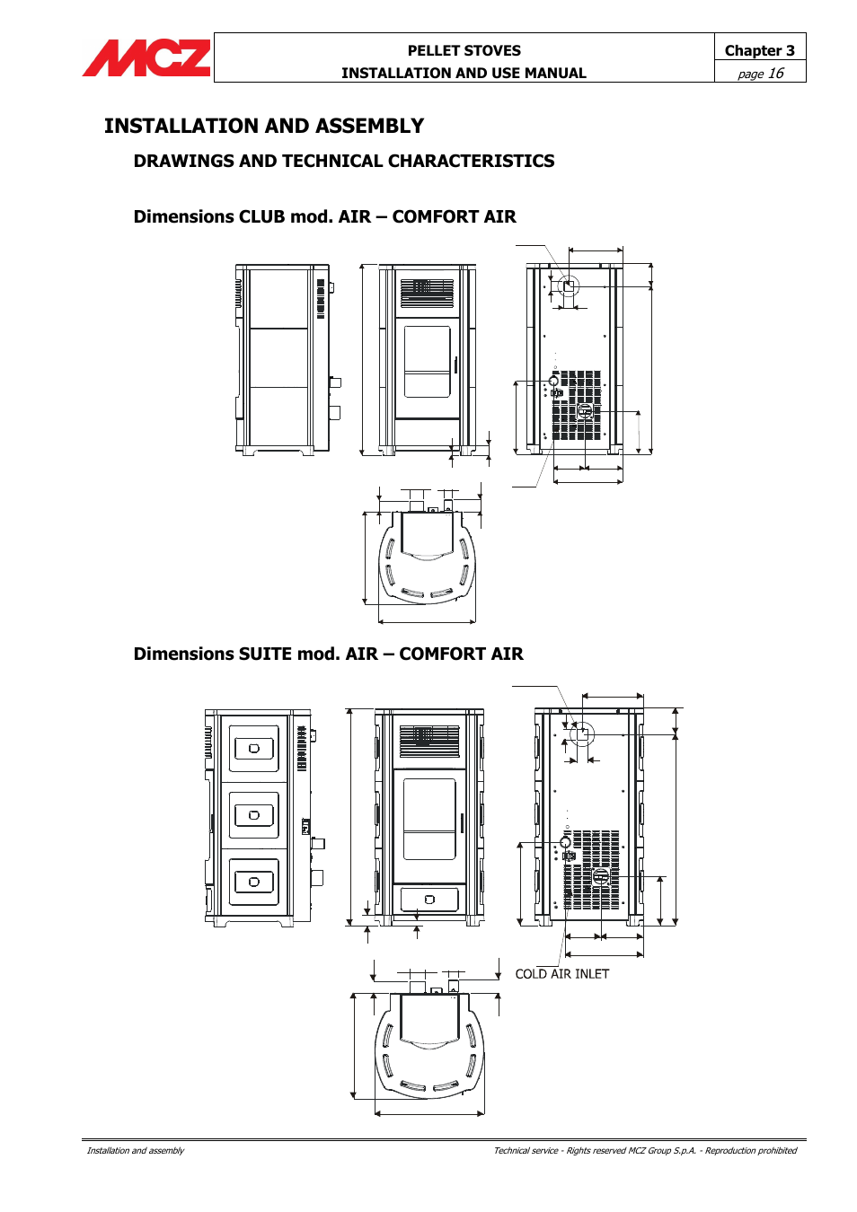 Installation and assembly, Drawings and technical characteristics, Dimensions club mod. air – comfort air | Dimensions suite mod. air – comfort air | MCZ Club AIR User Manual | Page 16 / 68