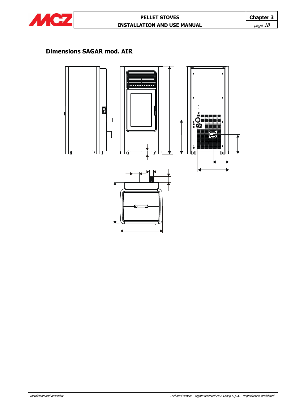 Dimensions sagar mod. air | MCZ Club AIR User Manual | Page 18 / 68