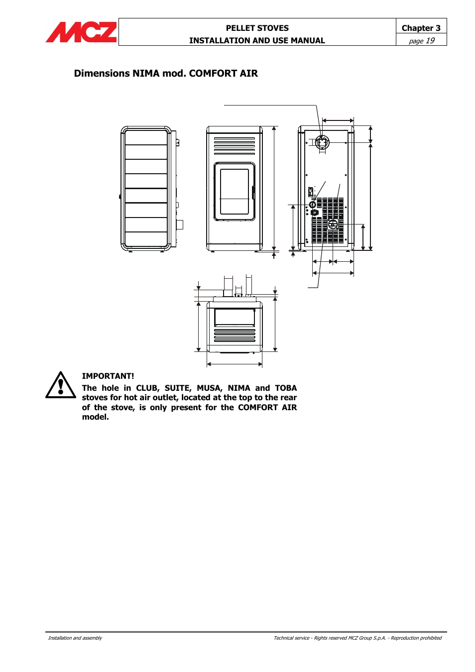 Dimensions nima mod. comfort air | MCZ Club AIR User Manual | Page 19 / 68