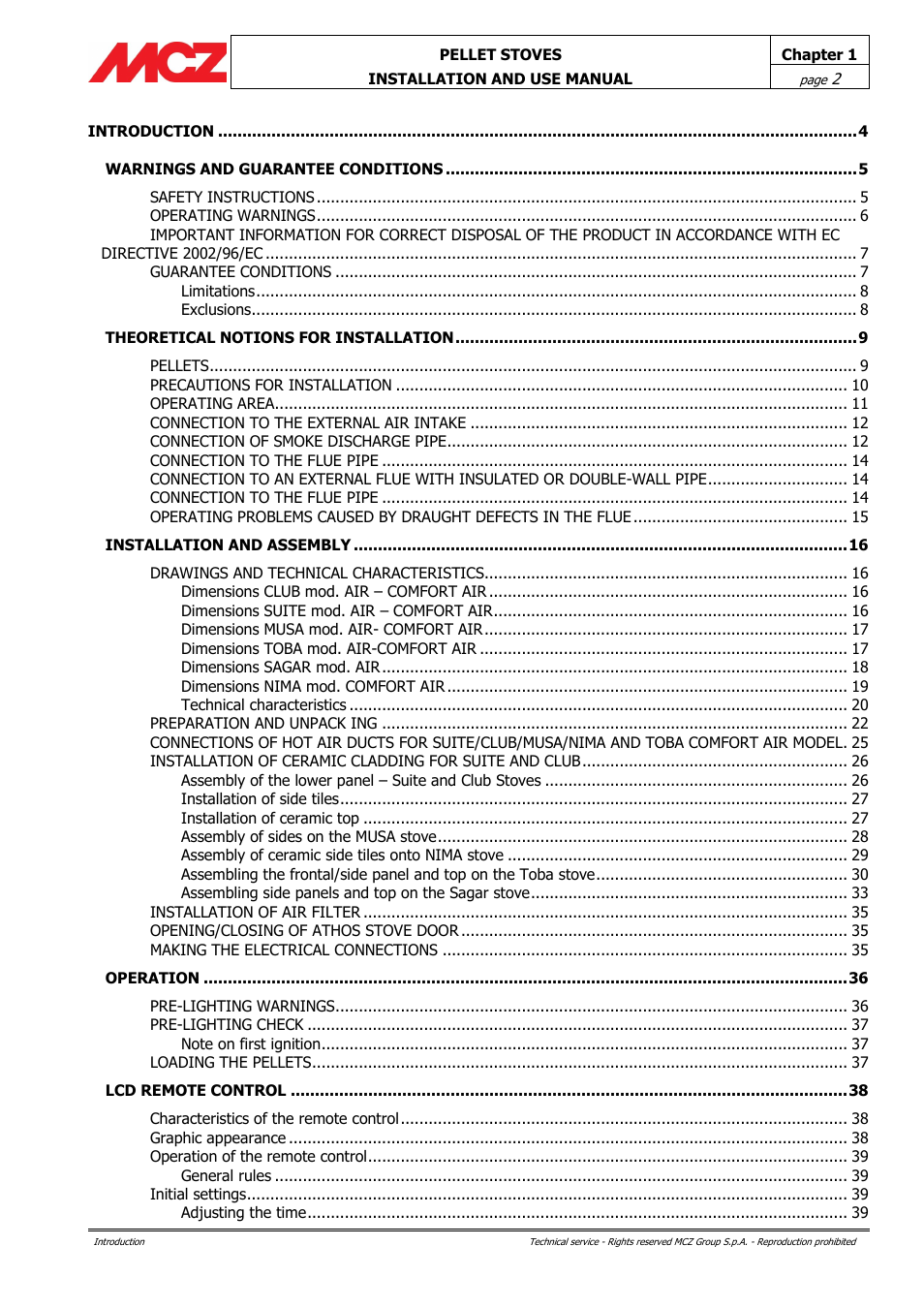 MCZ Club AIR User Manual | Page 2 / 68