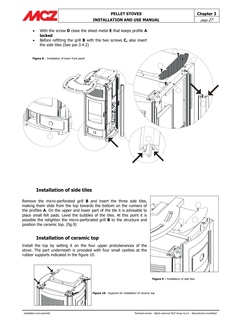 Installation of side tiles, Installation of ceramic top, Bc c a | MCZ Club AIR User Manual | Page 27 / 68