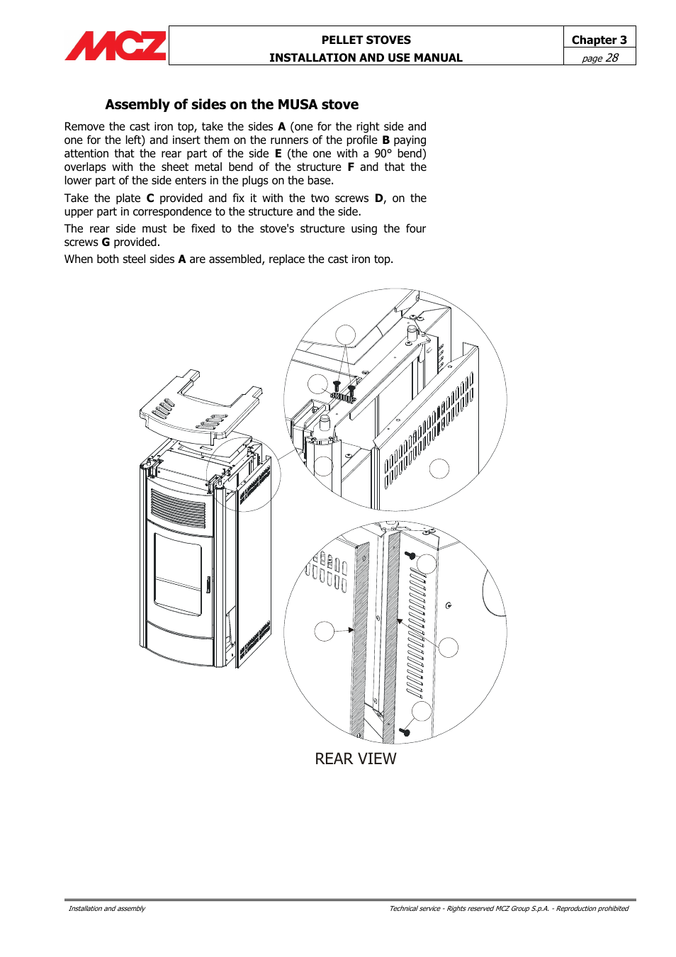 Assembly of sides on the musa stove, Rear view | MCZ Club AIR User Manual | Page 28 / 68