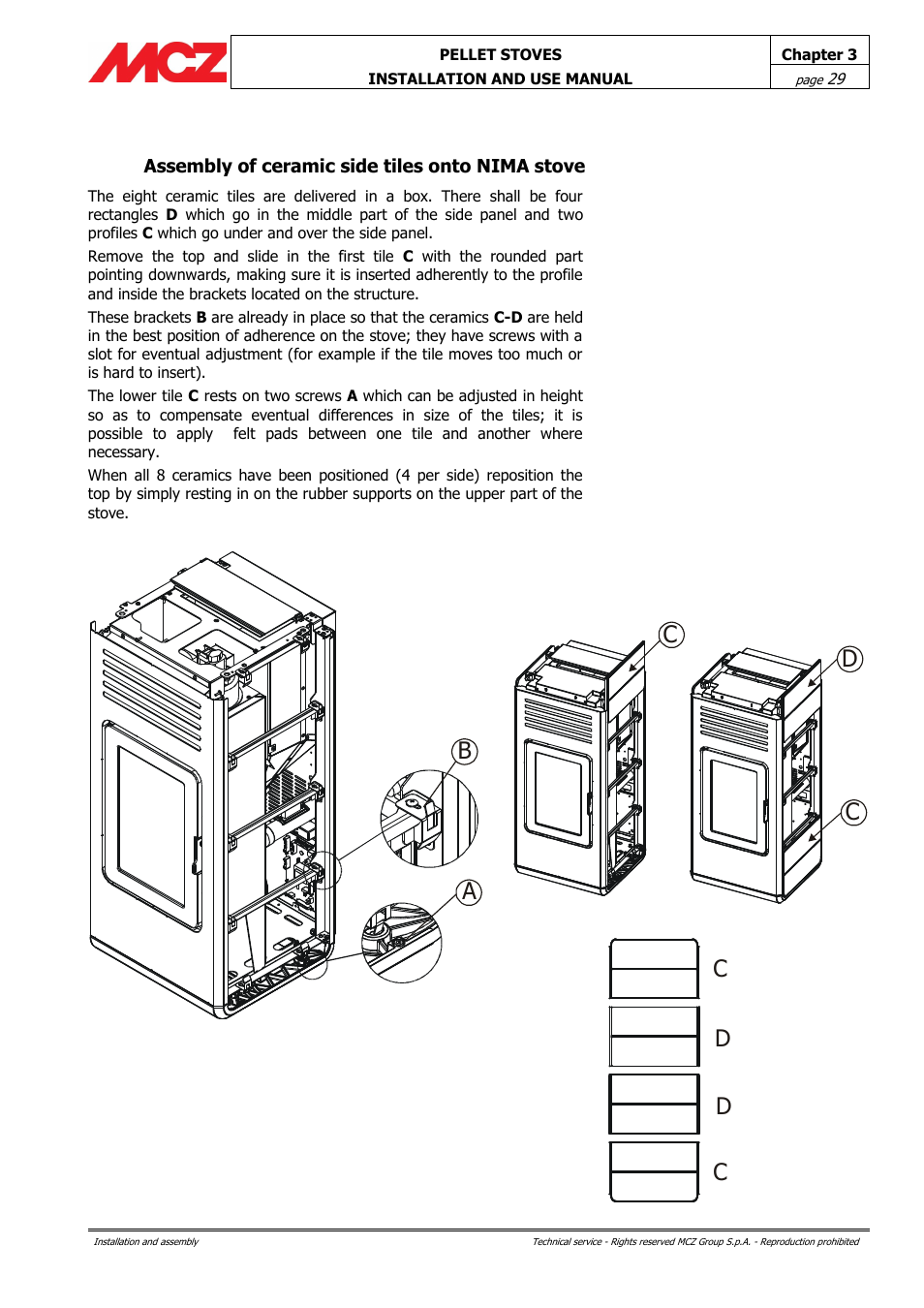 Assembly of ceramic side tiles onto nima stove | MCZ Club AIR User Manual | Page 29 / 68