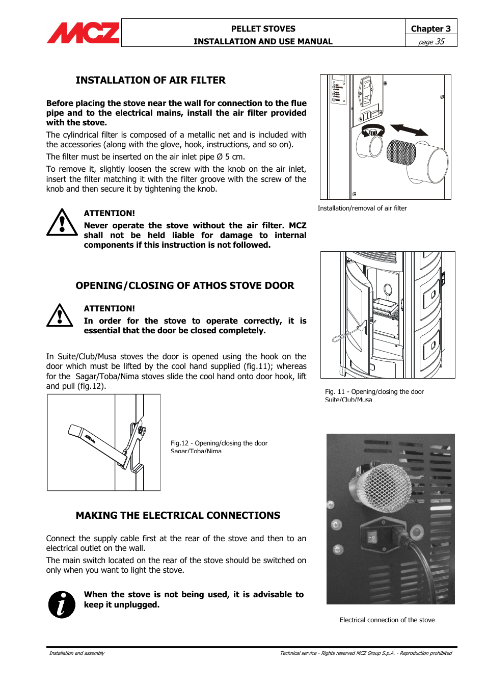 Installation of air filter, Opening/closing of athos stove door, Making the electrical connections | MCZ Club AIR User Manual | Page 35 / 68