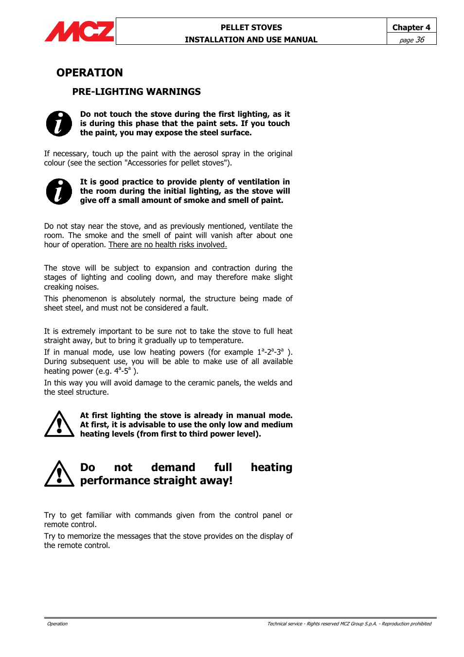Operation, Pre-lighting warnings | MCZ Club AIR User Manual | Page 36 / 68