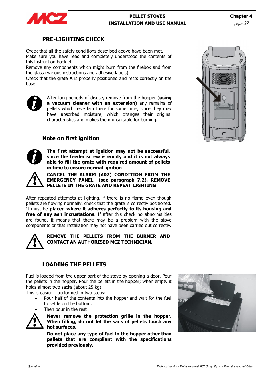 Pre-lighting check, Note on first ignition, Loading the pellets | MCZ Club AIR User Manual | Page 37 / 68