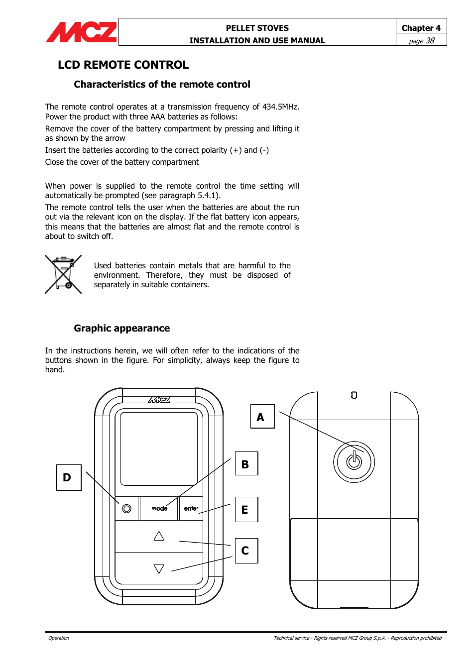 Lcd remote control, Characteristics of the remote control, Graphic appearance | MCZ Club AIR User Manual | Page 38 / 68