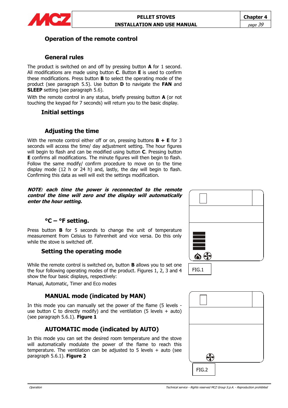 Operation of the remote control, General rules, Initial settings | Adjusting the time, C – °f setting, Setting the operating mode, Manual mode (indicated by man), Automatic mode (indicated by auto) | MCZ Club AIR User Manual | Page 39 / 68