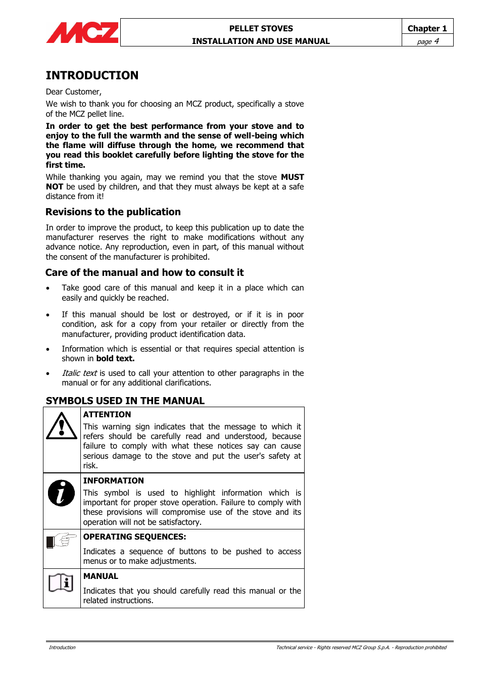 Introduction, Revisions to the publication, Care of the manual and how to consult it | Symbols used in the manual | MCZ Club AIR User Manual | Page 4 / 68
