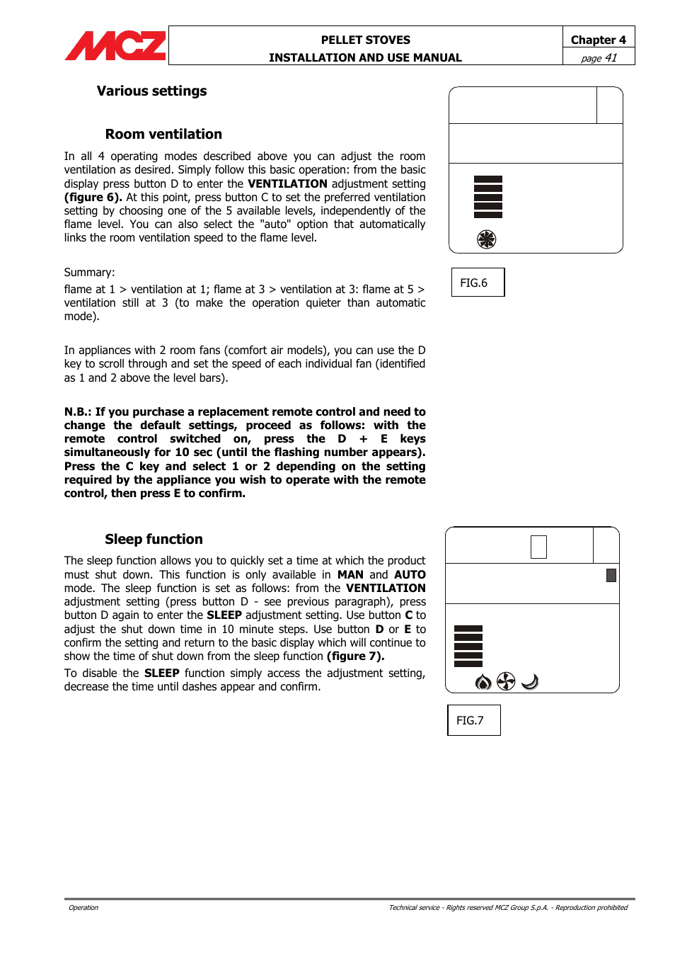 Various settings, Room ventilation, Sleep function | MCZ Club AIR User Manual | Page 41 / 68
