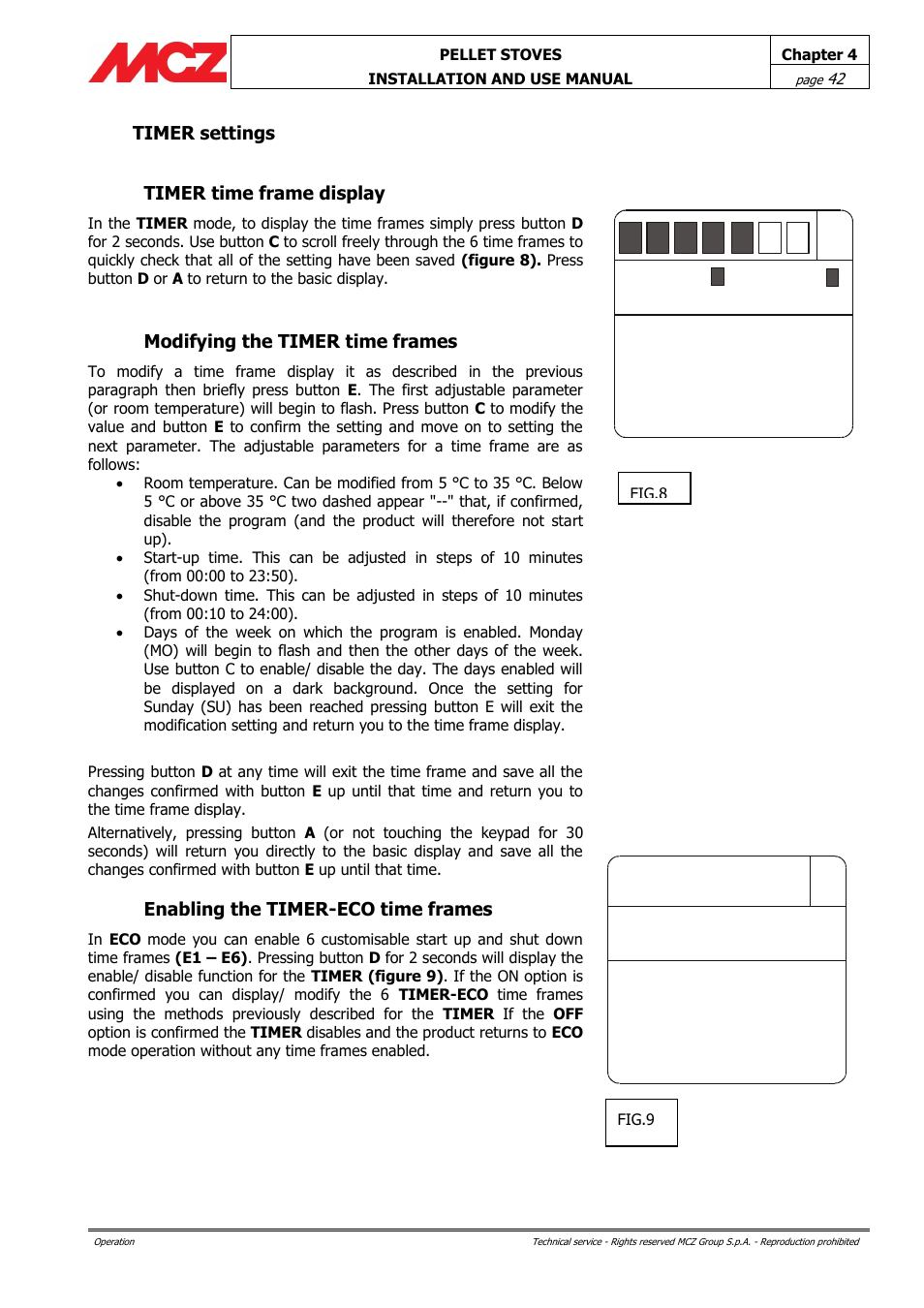 Timer settings, Timer time frame display, Modifying the timer time frames | Enabling the timer-eco time frames, Off on | MCZ Club AIR User Manual | Page 42 / 68