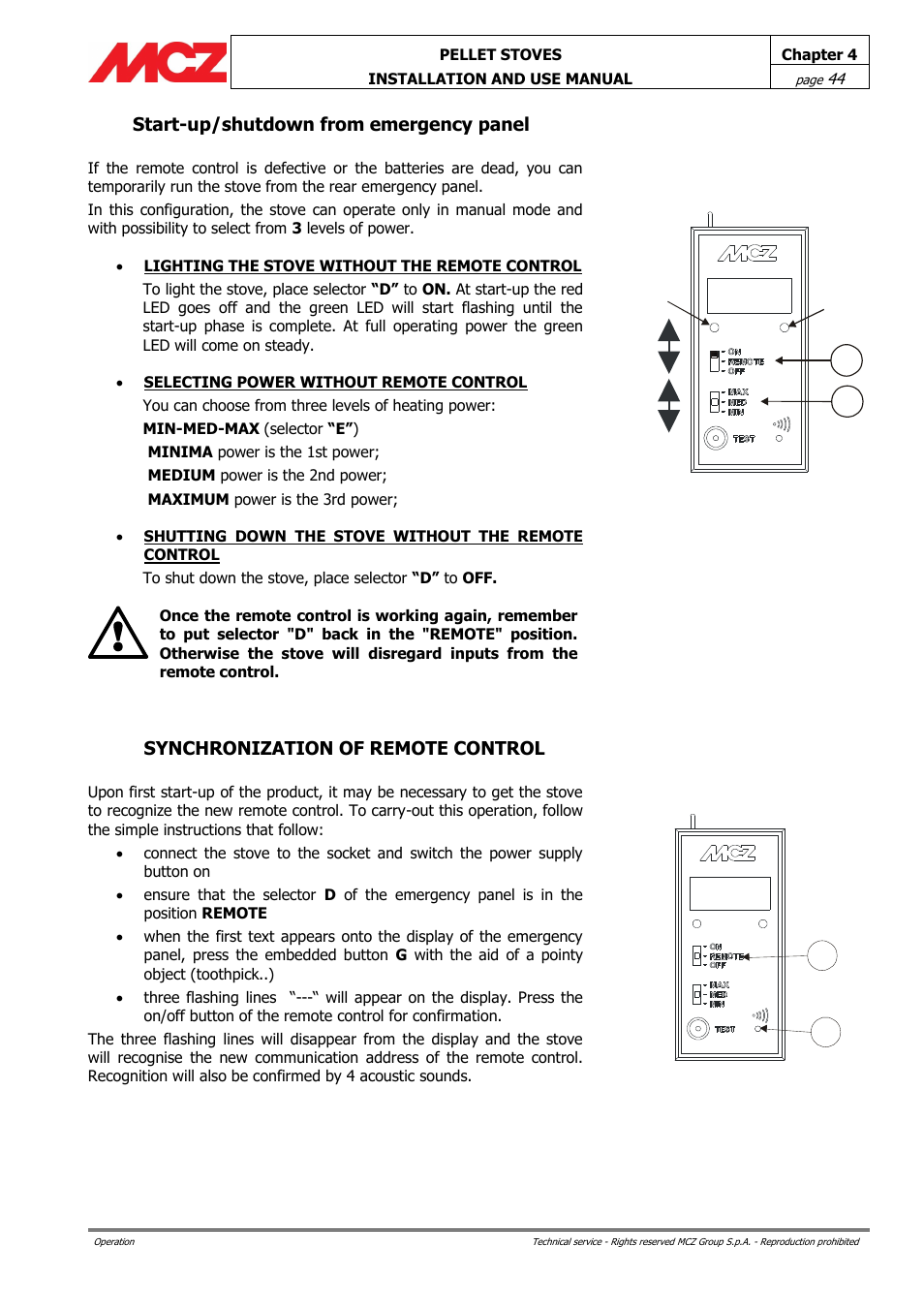 Start-up/shutdown from emergency panel, Synchronization of remote control, On off | MCZ Club AIR User Manual | Page 44 / 68