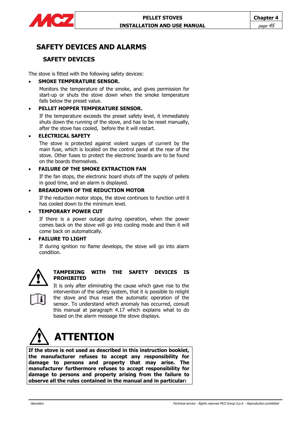 Safety devices and alarms, Safety devices, Attention | MCZ Club AIR User Manual | Page 45 / 68
