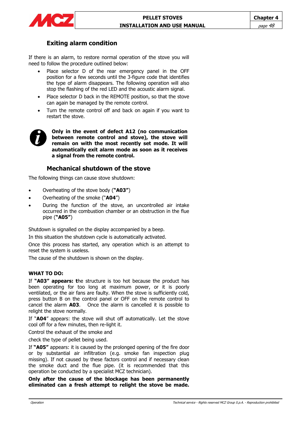 Exiting alarm condition, Mechanical shutdown of the stove | MCZ Club AIR User Manual | Page 48 / 68