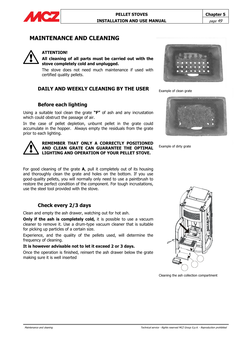 Maintenance and cleaning, Daily and weekly cleaning by the user, Before each lighting | Check every 2/3 days, Ab c | MCZ Club AIR User Manual | Page 49 / 68