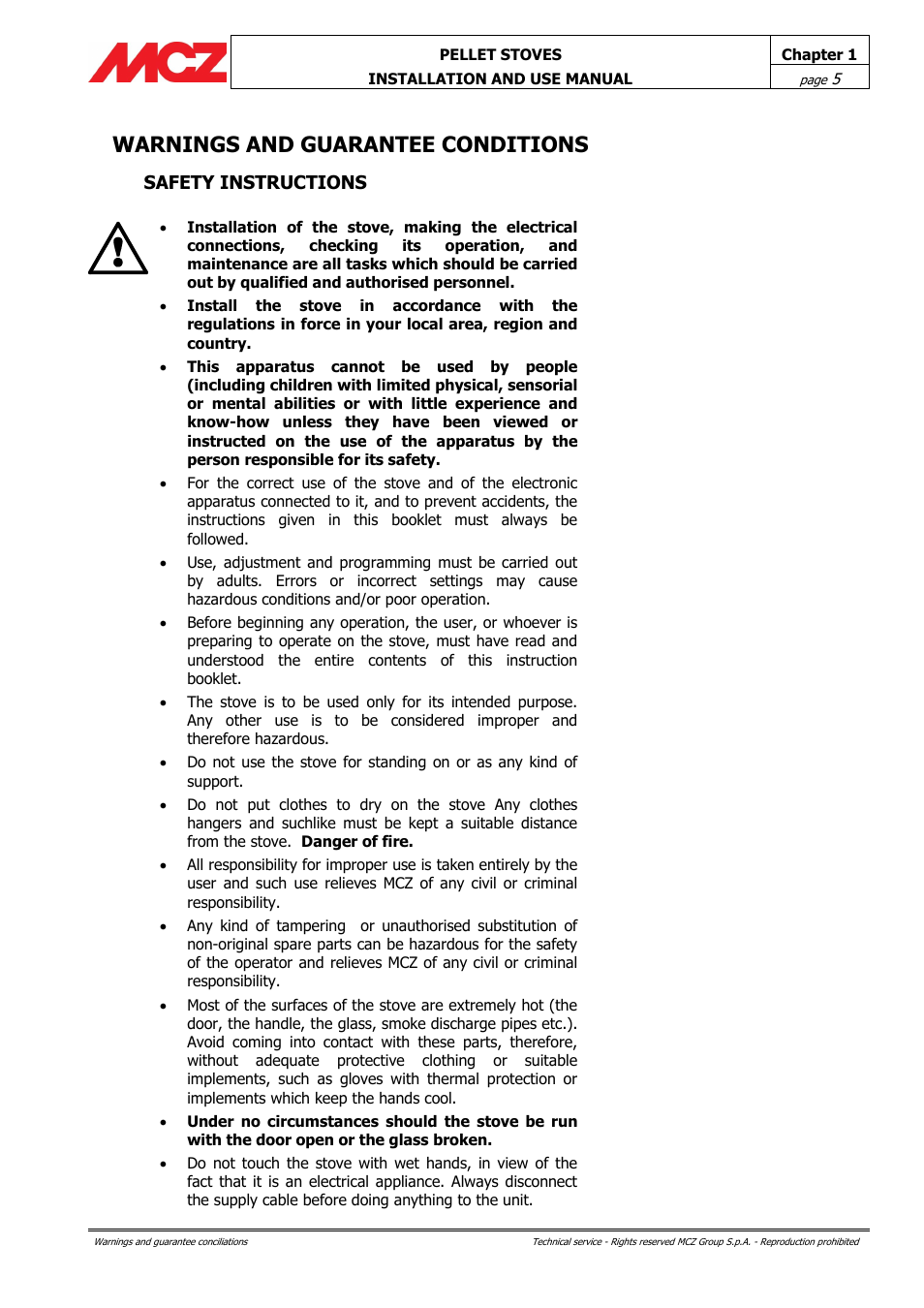 Warnings and guarantee conditions, Safety instructions | MCZ Club AIR User Manual | Page 5 / 68