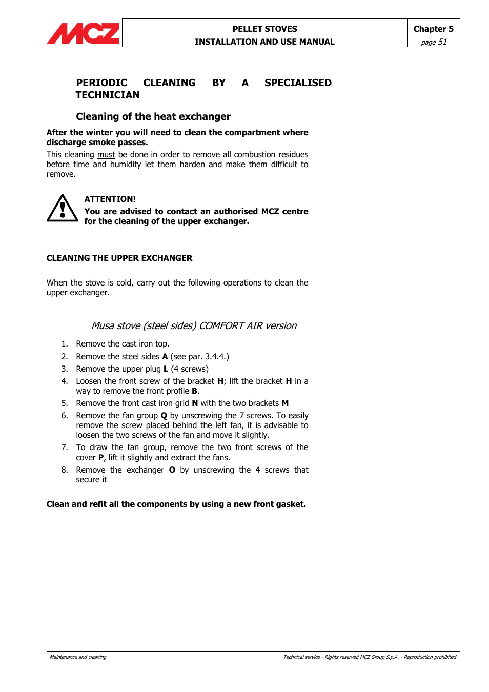 Periodic cleaning by a specialised technician, Cleaning of the heat exchanger, Musa stove (steel sides) comfort air version | MCZ Club AIR User Manual | Page 51 / 68