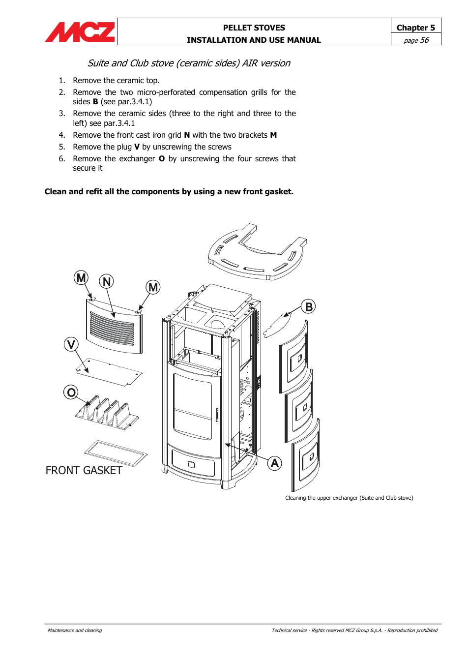 Suite and club stove (ceramic sides) air version, Front gasket | MCZ Club AIR User Manual | Page 56 / 68