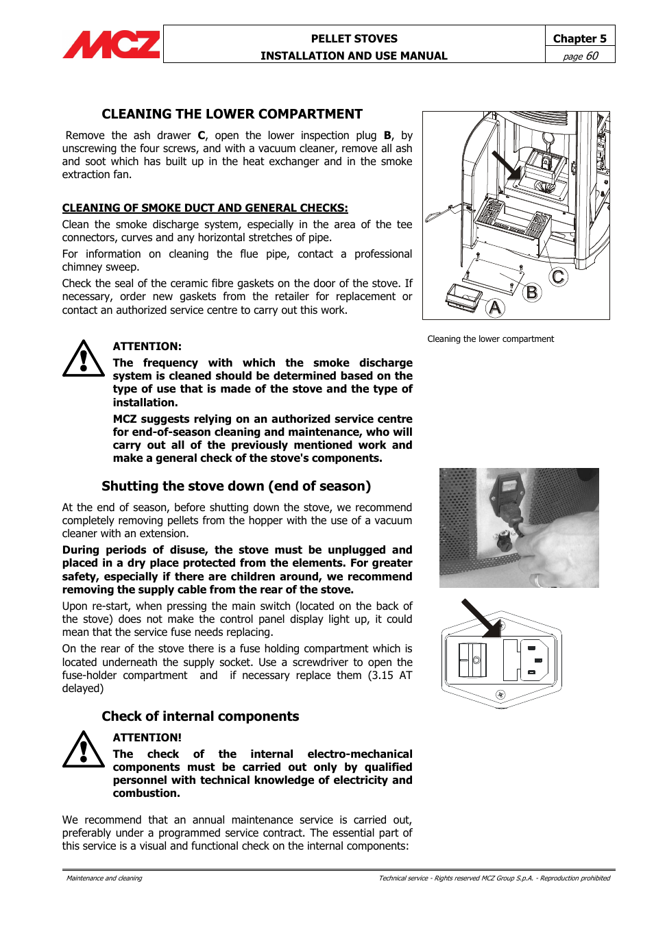 Cleaning the lower compartment, Shutting the stove down (end of season), Check of internal components | MCZ Club AIR User Manual | Page 60 / 68