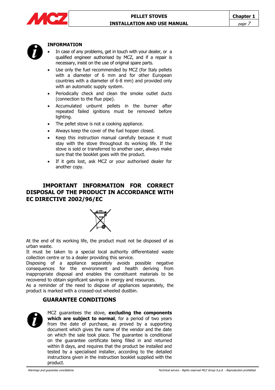 Directive 2002/96/ec, Guarantee conditions | MCZ Club AIR User Manual | Page 7 / 68
