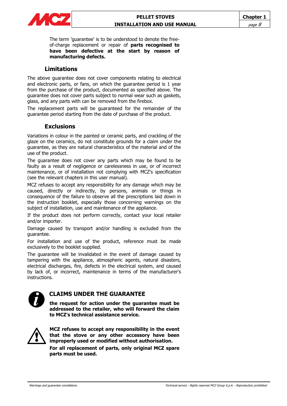 Limitations, Exclusions, Claims under the guarantee | MCZ Club AIR User Manual | Page 8 / 68