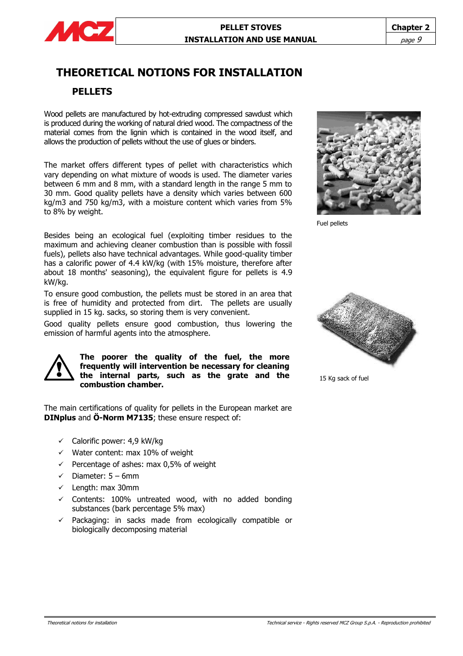 Theoretical notions for installation, Pellets | MCZ Club AIR User Manual | Page 9 / 68
