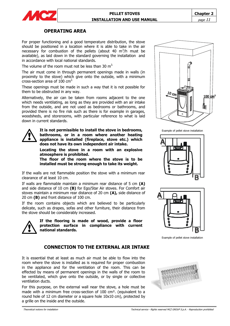 Operating area, Connection to the external air intake | MCZ Ego AIR User Manual | Page 11 / 60