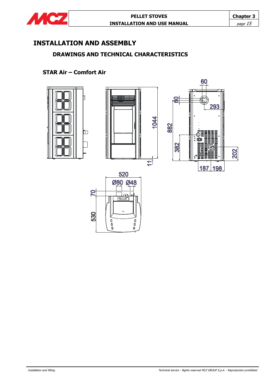 Installation and assembly, Drawings and technical characteristics, Star air – comfort air | MCZ Ego AIR User Manual | Page 15 / 60