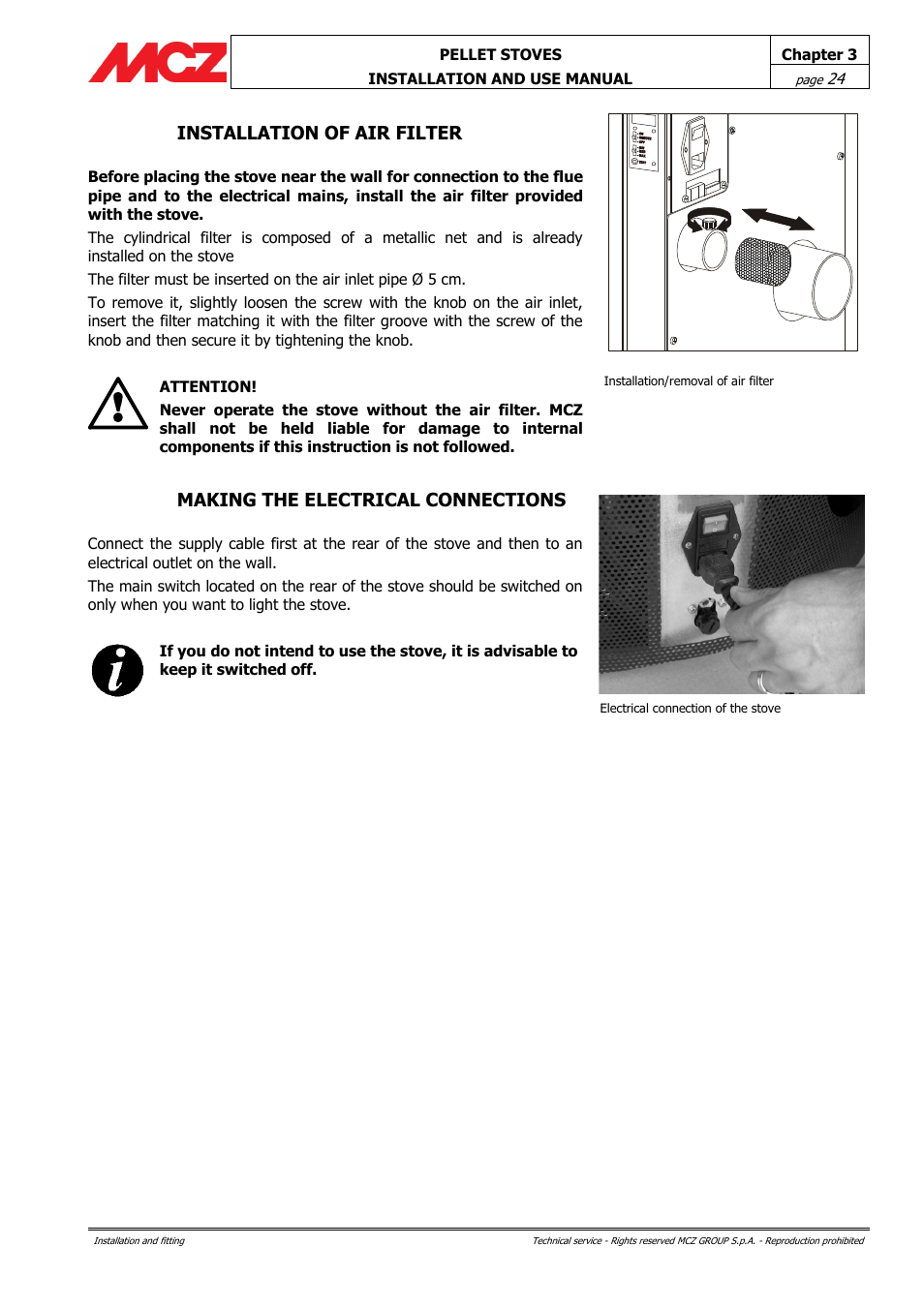 Installation of air filter, Making the electrical connections | MCZ Ego AIR User Manual | Page 24 / 60