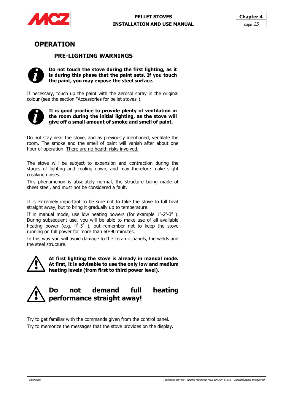 Operation, Pre-lighting warnings | MCZ Ego AIR User Manual | Page 25 / 60