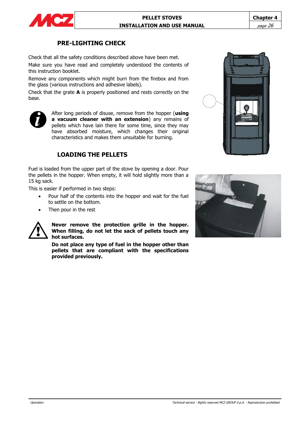 Pre-lighting check, Loading the pellets | MCZ Ego AIR User Manual | Page 26 / 60