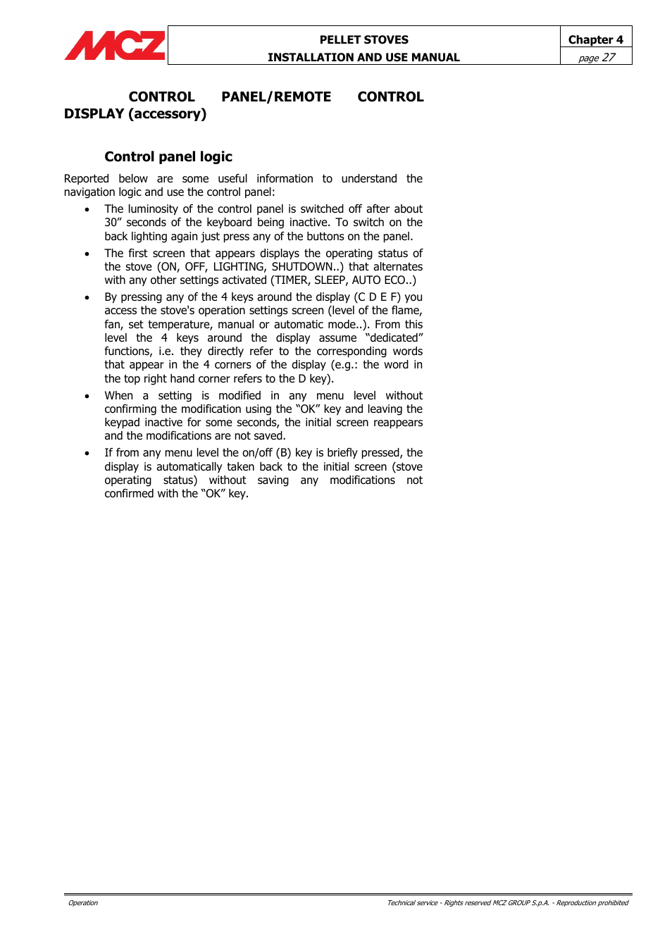 Control panel/remote control display (accessory), Control panel logic | MCZ Ego AIR User Manual | Page 27 / 60