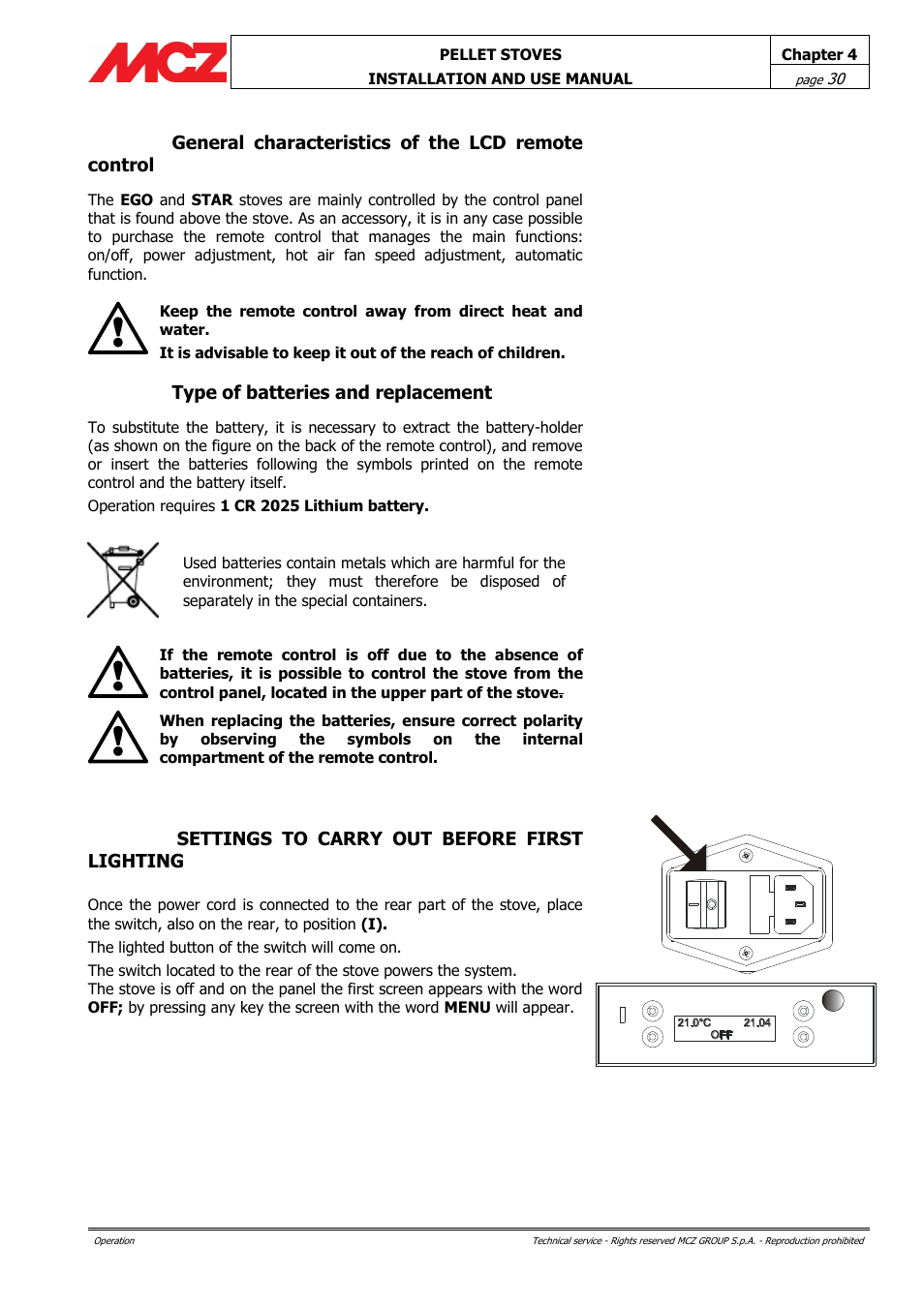 General characteristics of the lcd remote control, Type of batteries and replacement, Settings to carry out before first lighting | MCZ Ego AIR User Manual | Page 30 / 60