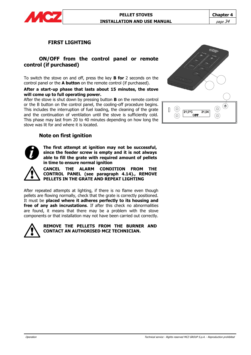 First lighting, Note on first ignition | MCZ Ego AIR User Manual | Page 34 / 60