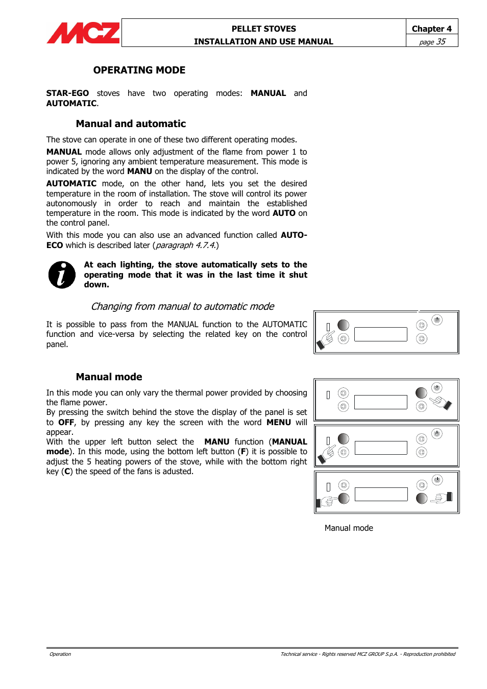 Operating mode, Manual and automatic, Changing from manual to automatic mode | Manual mode | MCZ Ego AIR User Manual | Page 35 / 60