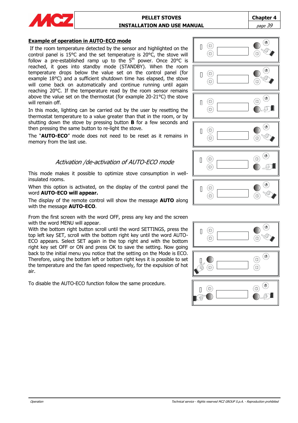 Activation /de-activation of auto-eco mode | MCZ Ego AIR User Manual | Page 39 / 60