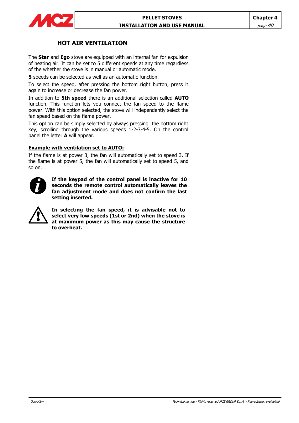 Hot air ventilation | MCZ Ego AIR User Manual | Page 40 / 60
