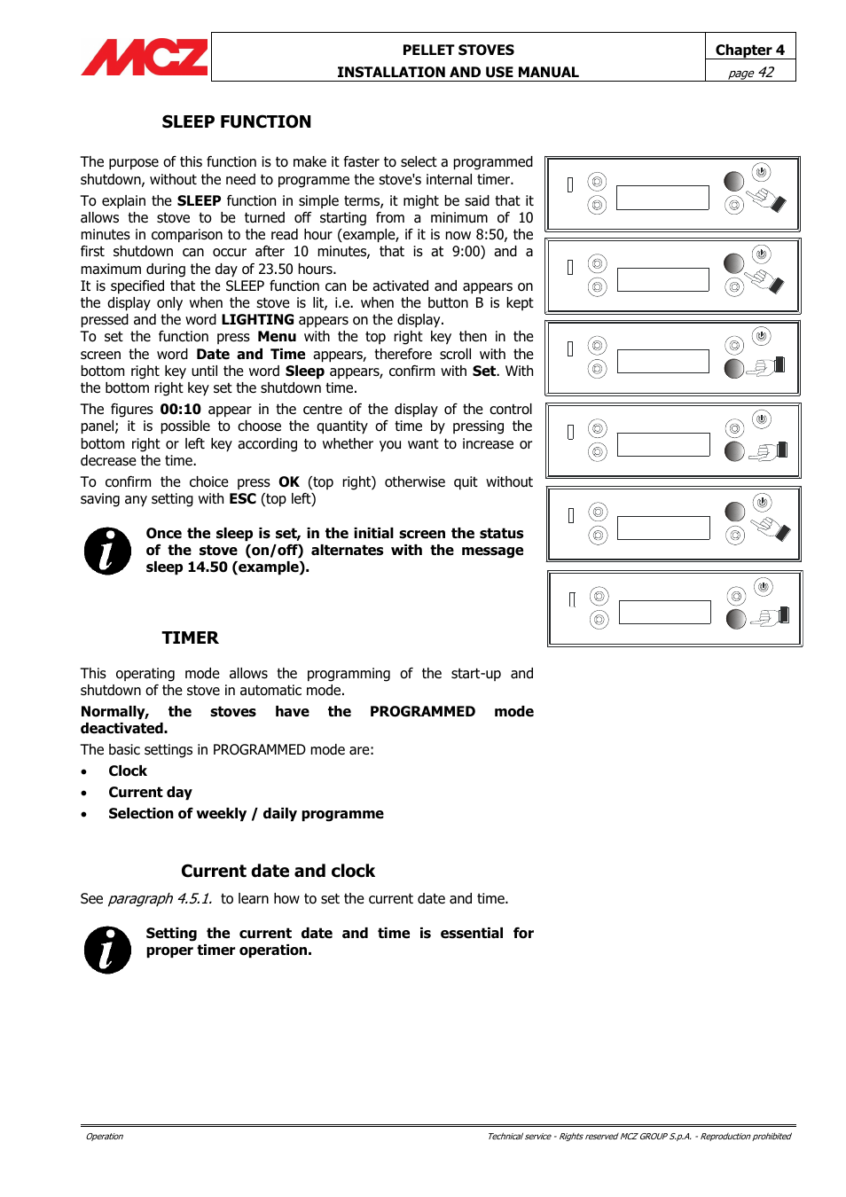 Sleep function, Timer, Current date and clock | MCZ Ego AIR User Manual | Page 42 / 60