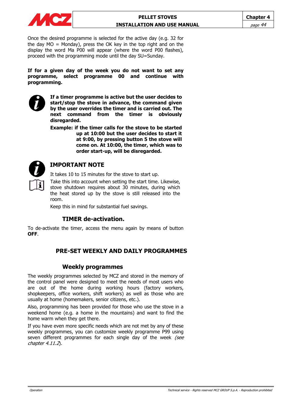 Timer de-activation, Pre-set weekly and daily programmes, Weekly programmes | MCZ Ego AIR User Manual | Page 44 / 60