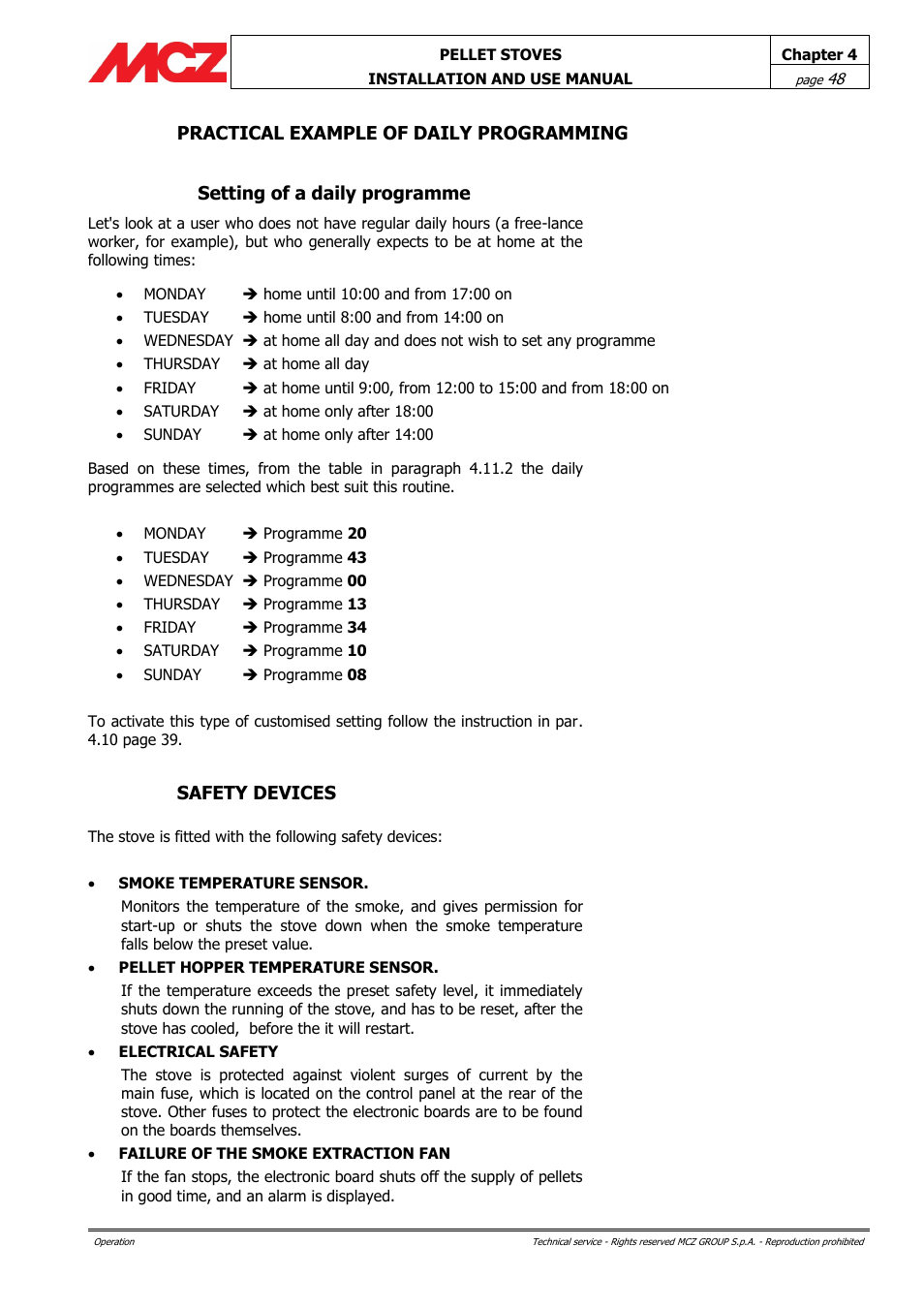 Practical example of daily programming, Setting of a daily programme, Safety devices | MCZ Ego AIR User Manual | Page 48 / 60