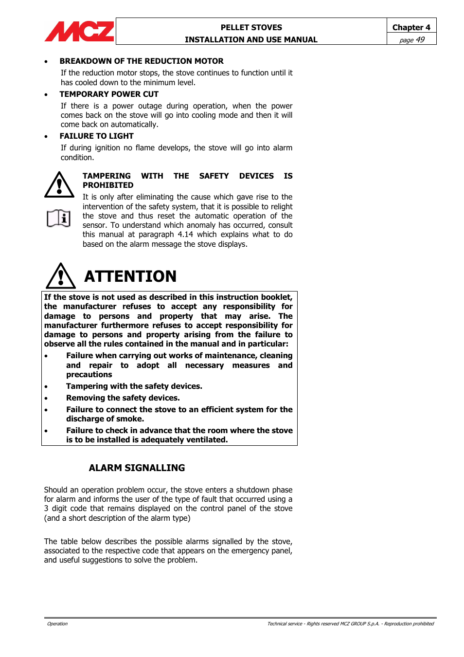 Alarm signalling, Attention | MCZ Ego AIR User Manual | Page 49 / 60
