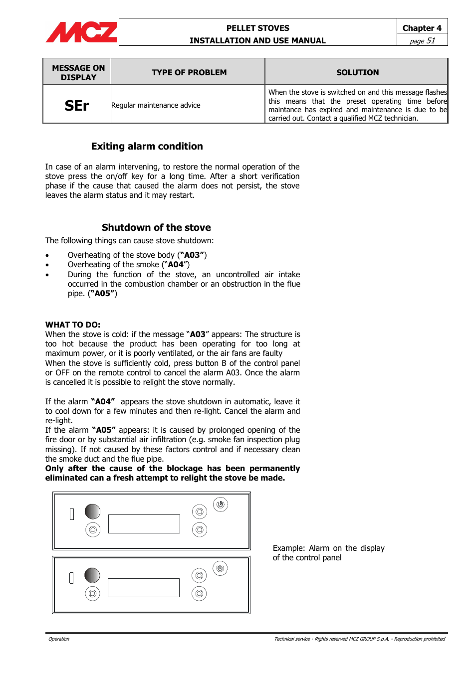 Exiting alarm condition, Shutdown of the stove | MCZ Ego AIR User Manual | Page 51 / 60